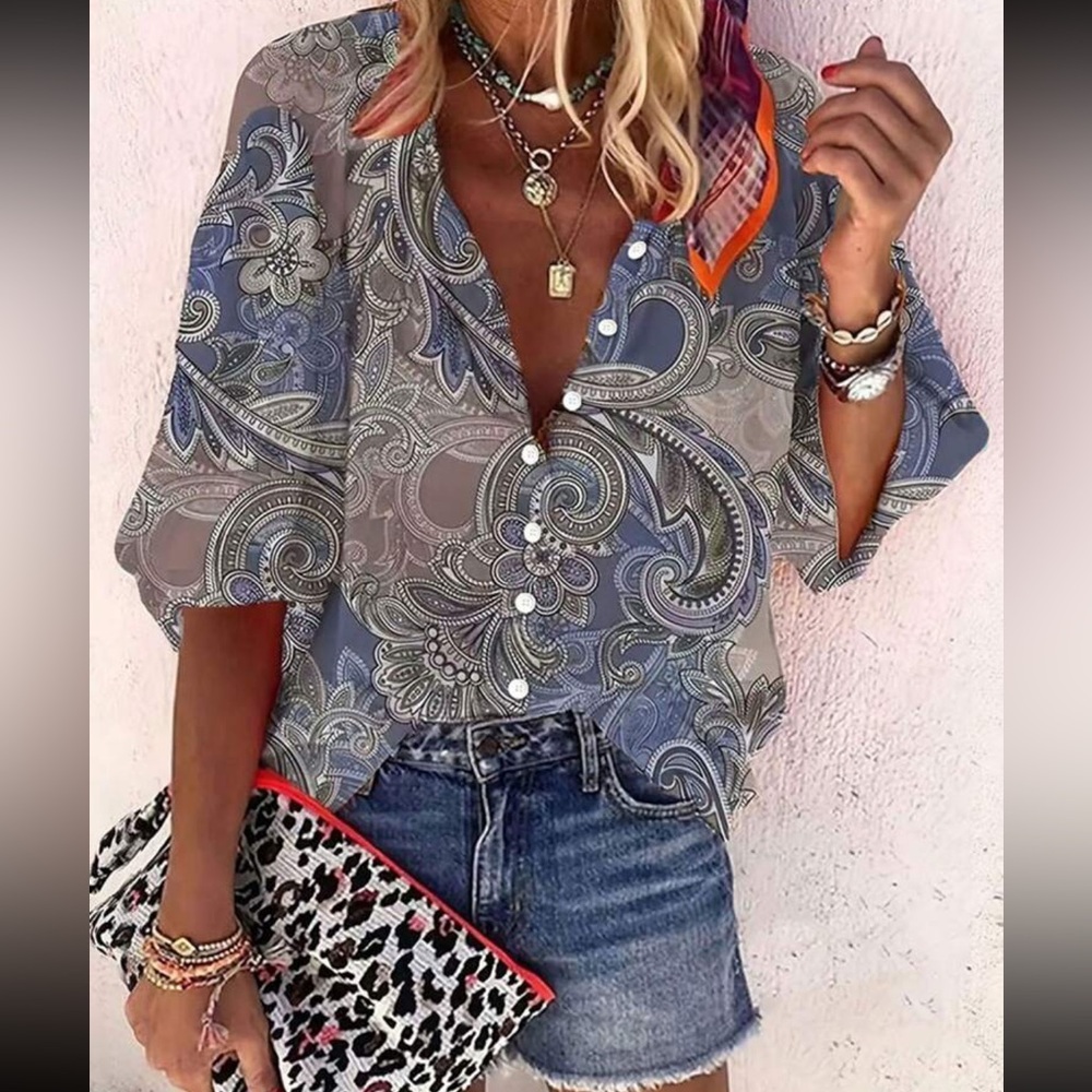 Boho western vintage floral print button down blouse